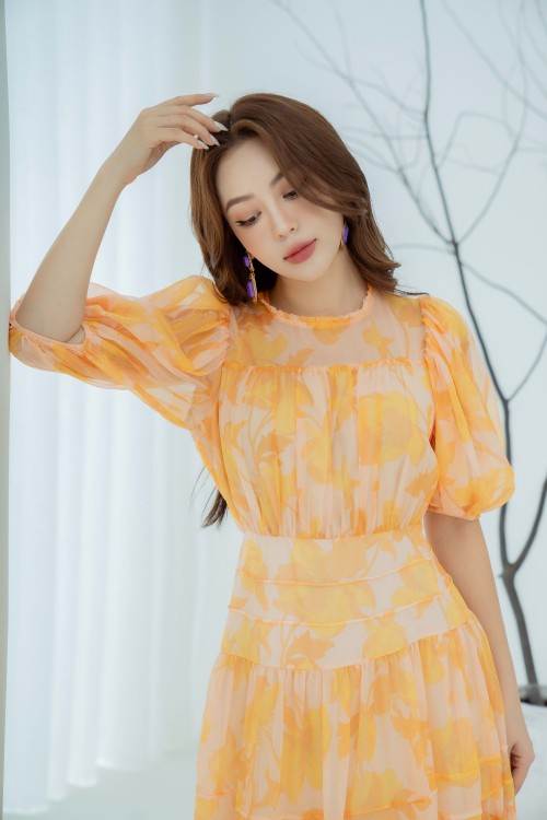 Sixdo Yellow Floral Puff-Sleeves Midi Voile Dress